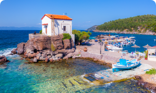 Skala Sykaminias harbour with Panagia Gorgona chapel, Lesvos